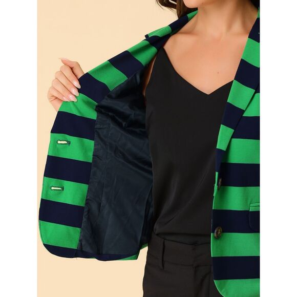 Notched Lapel Pocket Button Closure Striped Blazer Green Navy - Picture 5 of 6